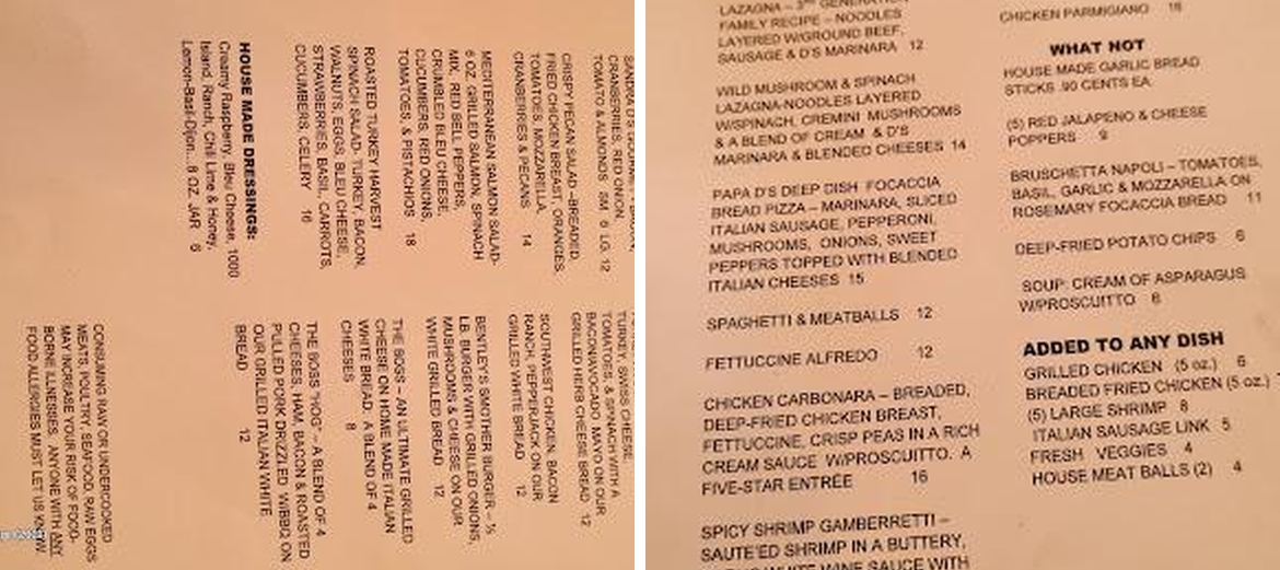 Sandra D's Italian Garden Menu